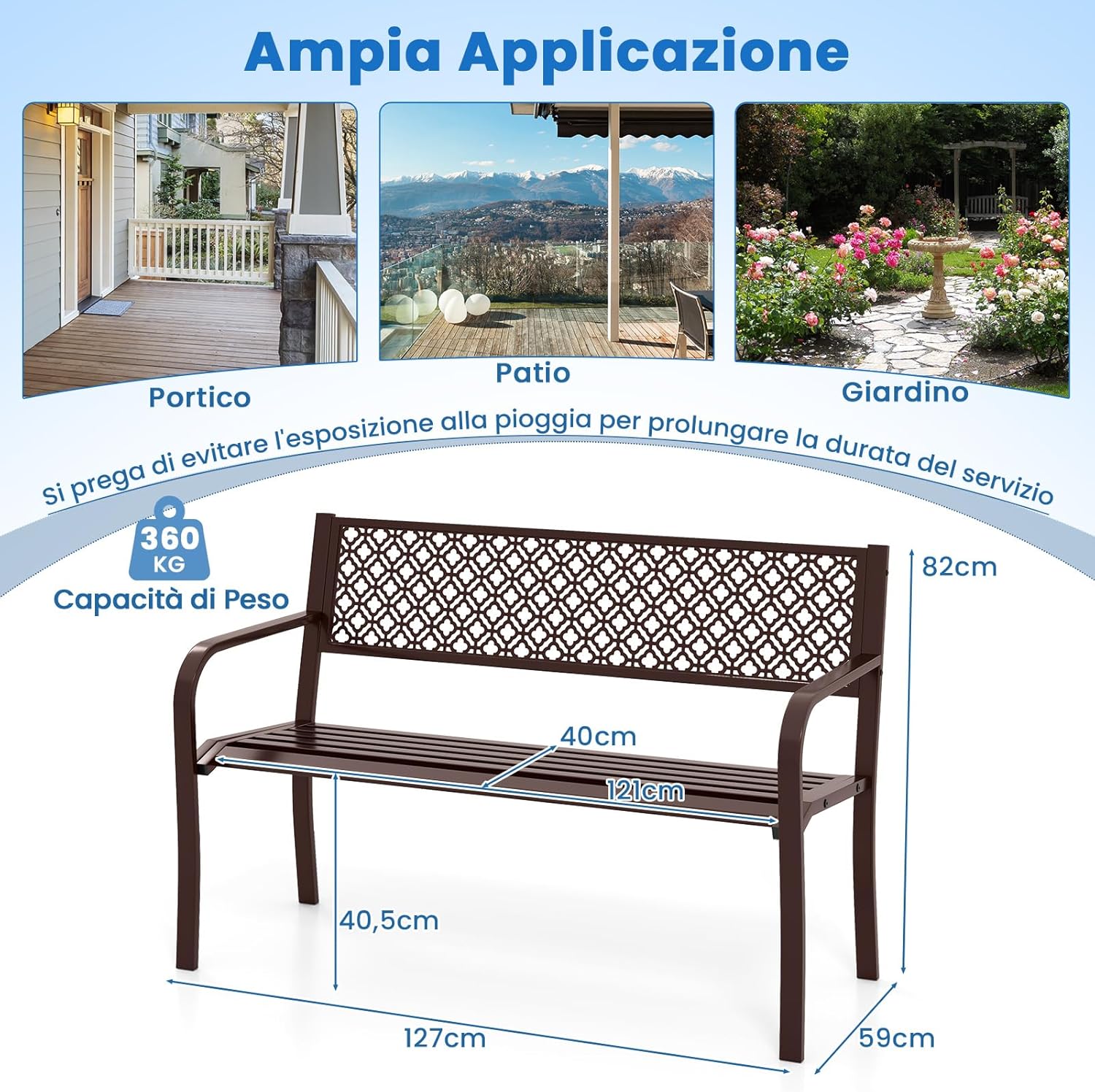 Panchina da Esterno 2-3 Posti, Panca in Metallo con Schienale Motivo Geometrico, Braccioli e Seduta a Doghe, Sedia Moderna per Parco, Cortile e Giardino (Bronzo, 127 x 59 x 82 cm)