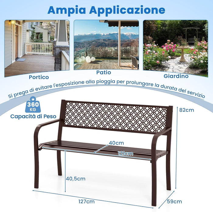 Panchina da Esterno 2-3 Posti, Panca in Metallo con Schienale Motivo Geometrico, Braccioli e Seduta a Doghe, Sedia Moderna per Parco, Cortile e Giardino (Bronzo, 127 x 59 x 82 cm)