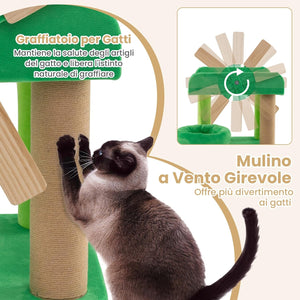 Tiragraffi a Forma di Mulino a Vento, Albero per Gatti con Lettino, Imbottitura Rotonda e Piattaforma Superiore con Paratie Anticaduta, Torre per Animali Domestici Interno, Verde e Naturale