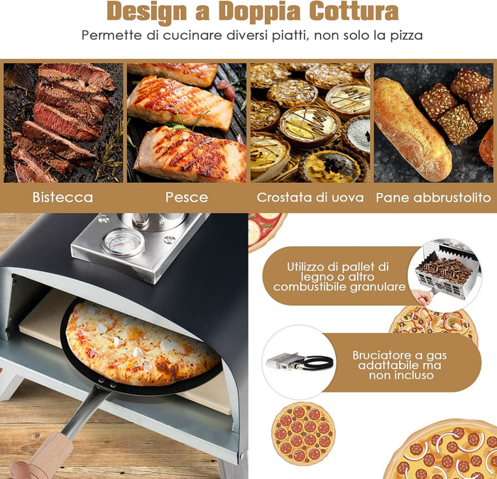 Forno per Pizza da Esterno, Forno per Pizza con Pietra per Pizza, Parafuoco, Gambe Pieghevoli, Camino Smontabile, Fornetto Portatile Giardino