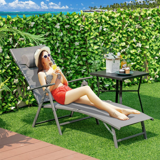 Lettino Prendisole Pieghevole, Schienale Regolabile in 7 Posizioni, Sdraio da Giardino in Textilene con Braccioli, Poggiatesta, Capacità di 150 kg, 142 x 61 x 103 cm (Grigio)