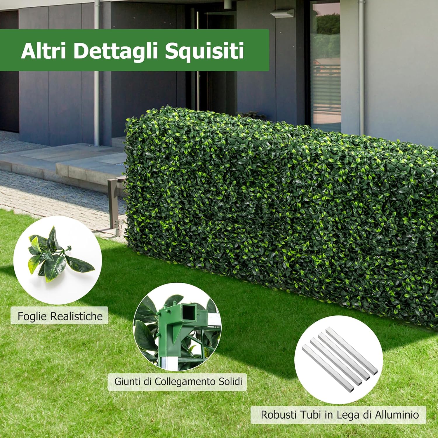 Muro di Piante Artificiale con Foglie Realisiche in PE, Pannello di Erba Finta con Tubo in Alluminio, Pannelli di Bosso Artificiale per Interni ed Esterni, 92 x 38 x 86 cm