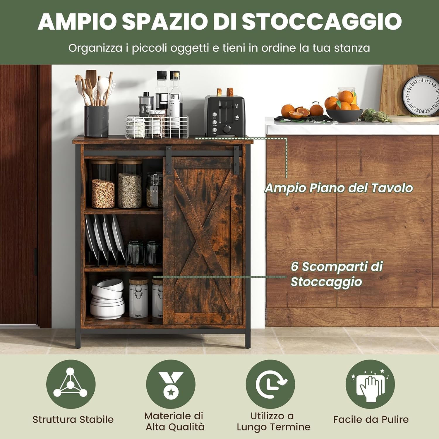Credenza Cucina, Mobile da Ingresso con Ante Scorrevole, Armadietto con Ripiani Regolabili, Mobiletto Multiuso,3 Ripiani e 1 Scomparto con Porta per Cucina, Sala da Pranzo, 70 cm x 30 cm