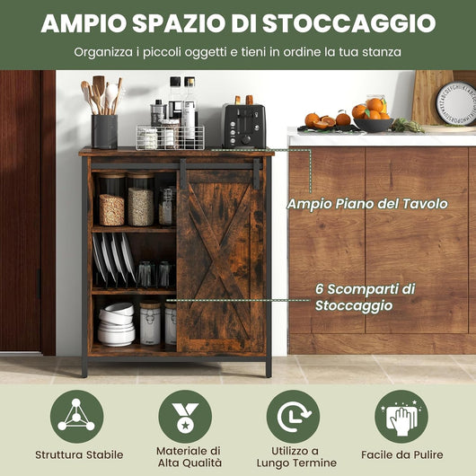 Credenza Cucina, Mobile da Ingresso con Ante Scorrevole, Armadietto con Ripiani Regolabili, Mobiletto Multiuso,3 Ripiani e 1 Scomparto con Porta per Cucina, Sala da Pranzo, 70 cm x 30 cm