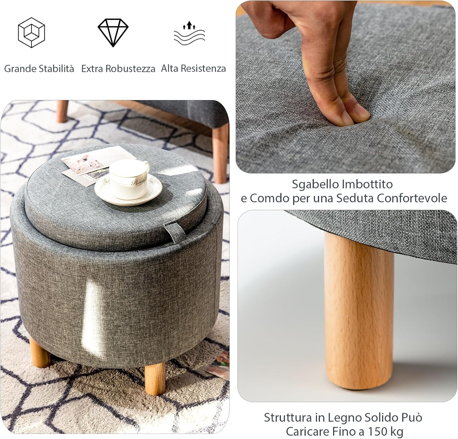 Pouf Rotondo con Contenitore e Vassoio, Poggiapiedi Imbottito con Base in Legno e Piedini Antiscivolo, Tavolino da Caffè per Soggiorno, Camera da Letto (Grigio)