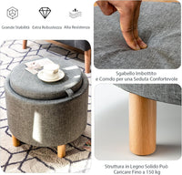 Pouf Rotondo con Contenitore e Vassoio, Poggiapiedi Imbottito con Base in Legno e Piedini Antiscivolo, Tavolino da Caffè per Soggiorno, Camera da Letto (Grigio)