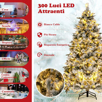 Albero di Natale Innevato 215 cm, Albero di Natale con 300 Luci LED Bianco Caldo, 1096 Punte di Ramo Miste e Aghi di Pino, per Casa e Ufficio
