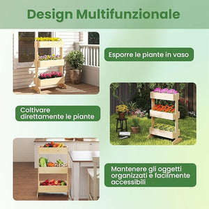 Letto da Giardino Rialzato a 3 Livelli, Fioriere in Legno da Interno e Esterno per Fiori, Verdure ed Erbe, Supporto per Vasi da Fiori Autoportante per Patio, Balcone e Giardino