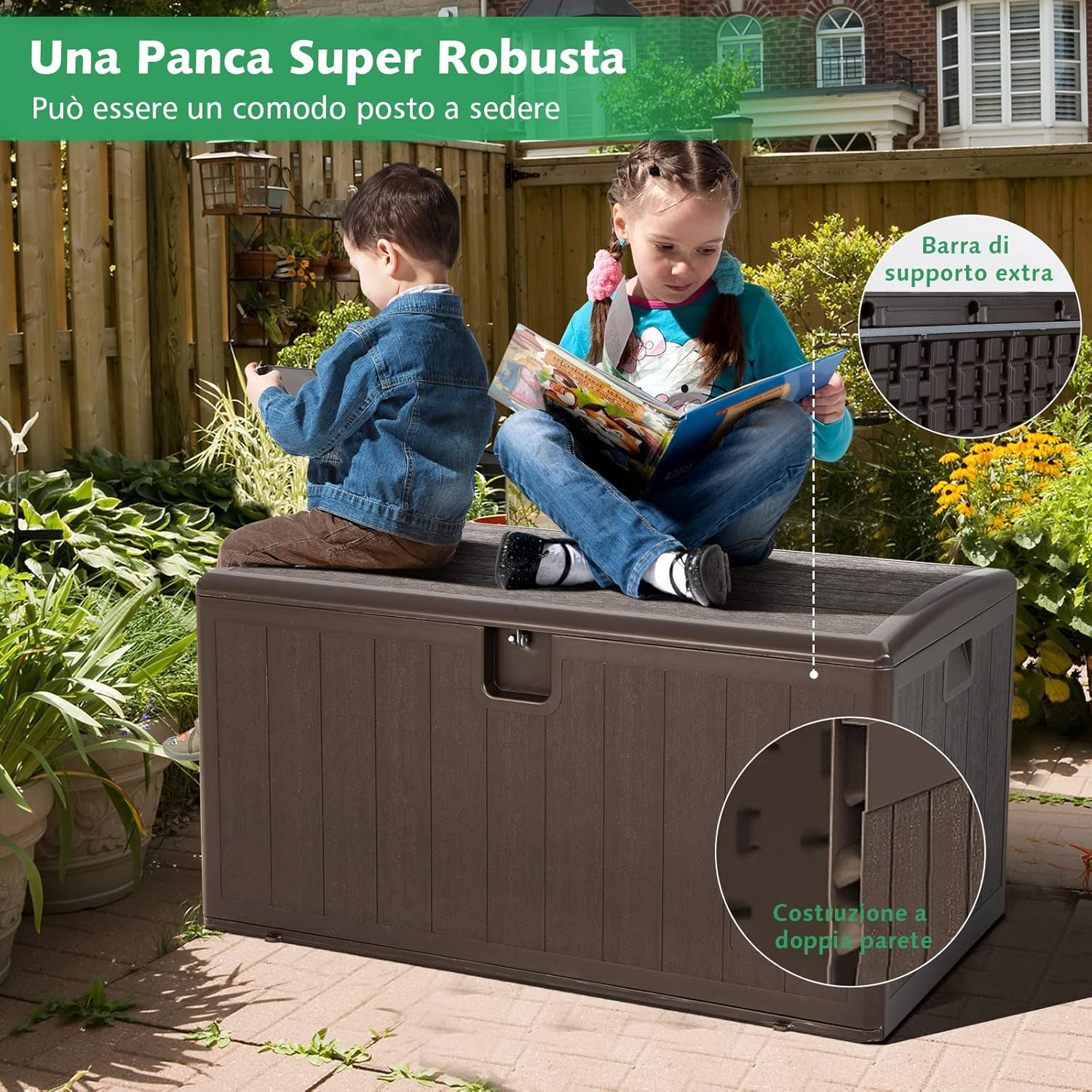 Baule da Giardino 400L, Panca Contenitore in Plastica con Coperchio e Maniglia, per Interni e Esterni, 127,5 x 64 x 64cm (Modello 2)