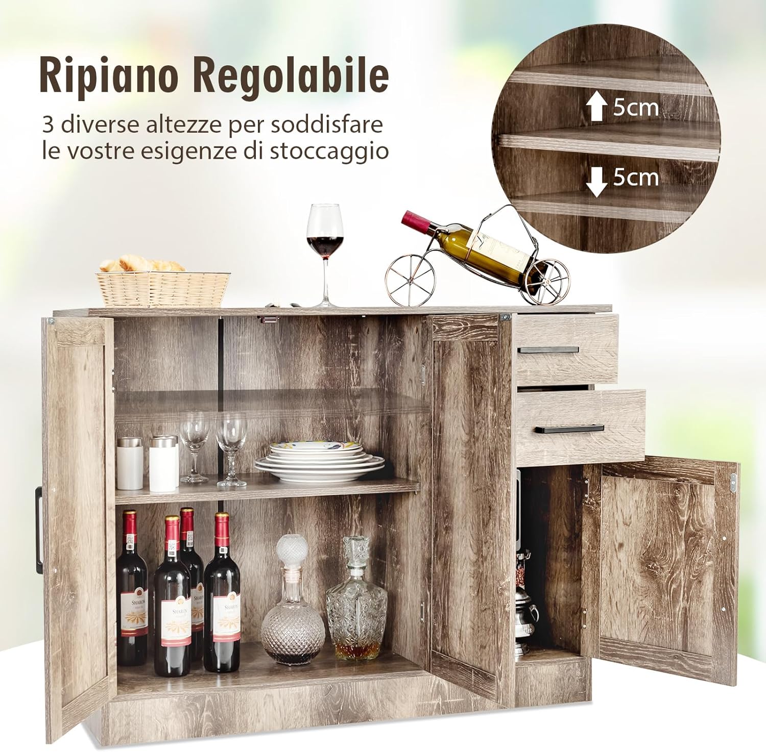 Credenza da Cucina, Mobile Buffet da Terra con 2 Cassetti, 3 Ante e 1 Ripiano Regolabile, per Sala da Pranzo, Cucina, Salotto, Ingresso, Grigio