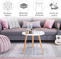 Tavolino da Salotto Rotondo, Tavolo Moderno con Gambe in Legno Massello, Tavolino Laterale per Soggiorno, Ufficio e Camera da Letto, Portata 50kg