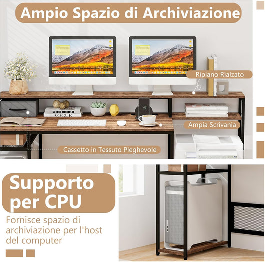 Scrivania per Computer da 170 CM, Scrivania con Supporto per Monitor e Cassetto, Prese di Corrente, Porte USB e Ripiani di Archiviazione, Scrivania per Ufficio e Casa
