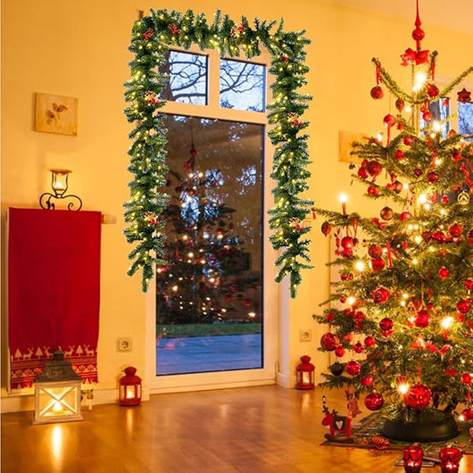 Ghirlanda di Natale di Pino Illuminata 270 cm, Ghirlanda Artificiale in Rattan di Natale con 100 luci LED, Ghirlanda Decorativa Illuminata con Timer, Ideale per Uso Interno ed Esterno