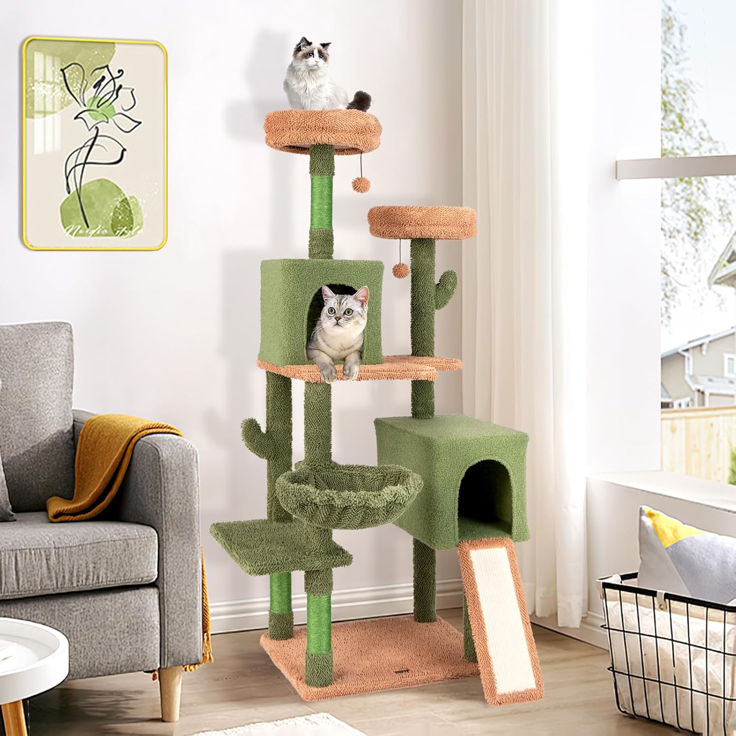 Tiragraffi per Gatti 160 cm, Torre per Gatti con Pali di Graffiatura in Sisal e Scala, Doppi Condomini & Perch in Peluche e Giocattoli Appesi, Albero per Gatti a Cactus per Gattini