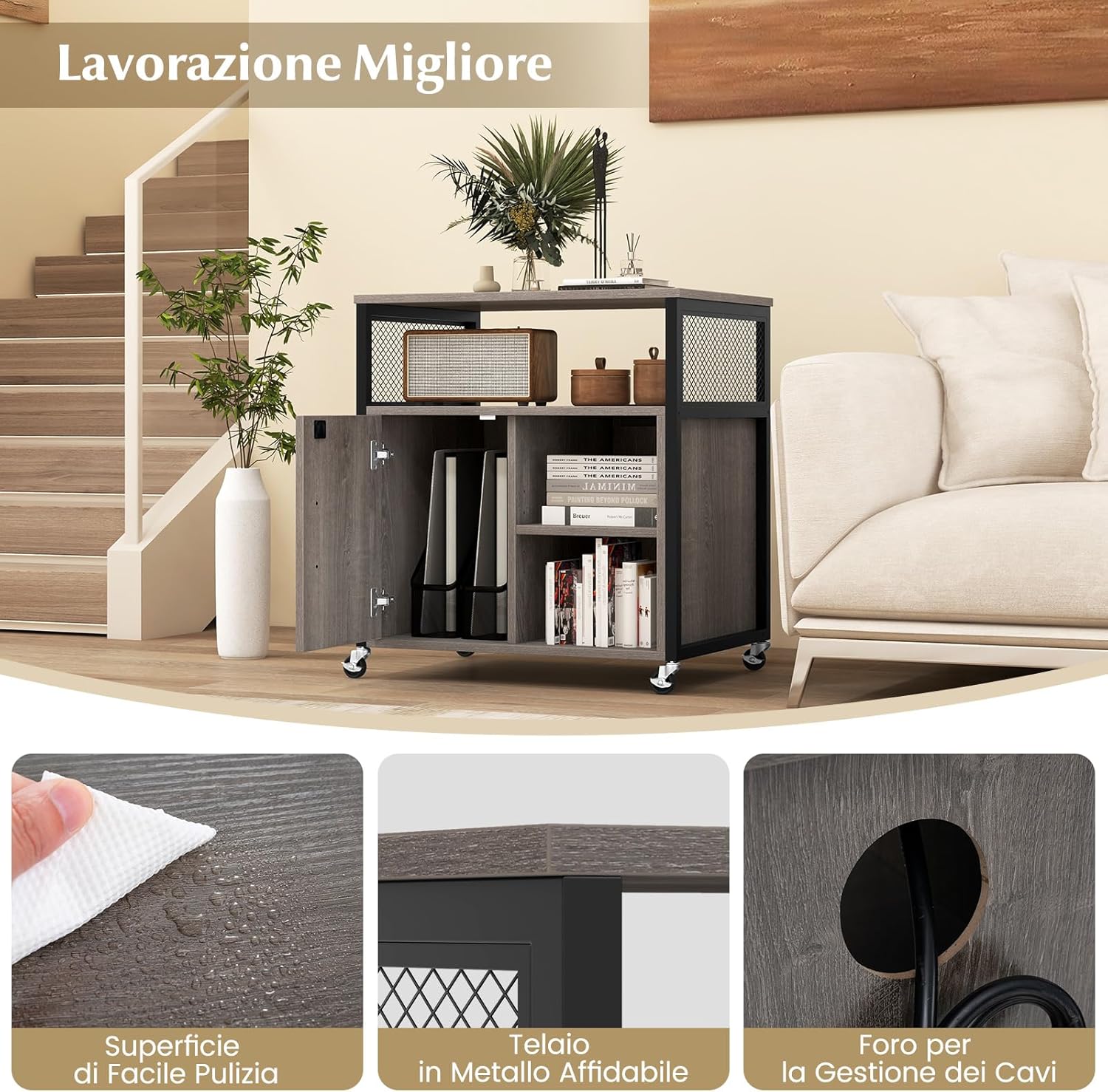 Armadietto per Archivio con Ruote, Mobile Per Documenti con 2 Scomparti, Ripiani Regolabili, Interfaccia USB e TYPE-C, per Soggiorno, Ufficio, Studio, 60 x 43,5 x 65,5 cm (Grigio)