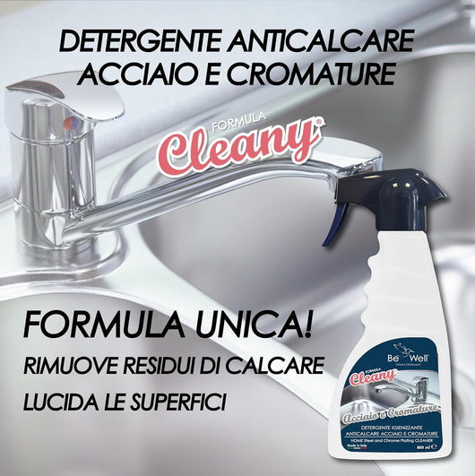 CLEANY Igienizzante Anticalcare Super Sgrassante per Acciaio e Cromature – Detergente Professionale Spray da 500 ml – Elimina Grasso e Incrostazioni, Brillantezza Immediata – Made in Italy