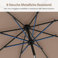 Ombrellone da Esterno 288 cm, con 96 Luci LED, Ombrellone Giardino con Inclinazione Regolabile, Manovella, 8 Stecche e Top Ventilato, Parasole da Mercato per Giardino Spiaggia (Marrone)