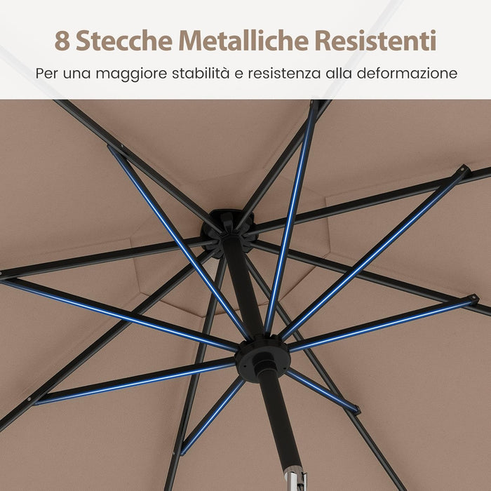 Ombrellone da Esterno 288 cm, con 96 Luci LED, Ombrellone Giardino con Inclinazione Regolabile, Manovella, 8 Stecche e Top Ventilato, Parasole da Mercato per Giardino Spiaggia (Marrone)