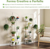 Scaffale Porta Piante a 6 Livelli, Scaffale per Vasi a Forma di Farfalla con 12 Ripiani in Rete Metallica e 4 Ganci, Mensola a Scala per Piante da Interno e Esterno (Bianco)