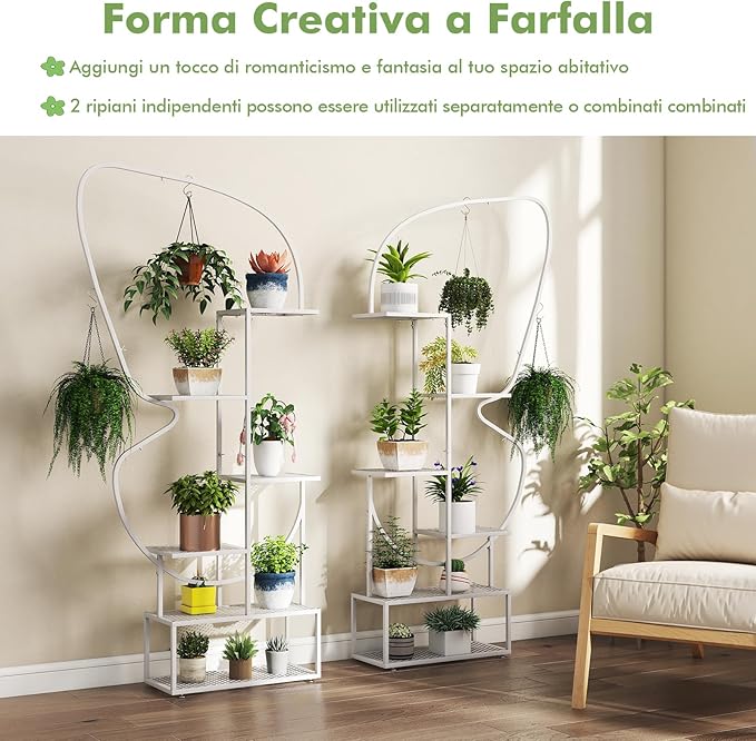 Scaffale Porta Piante a 6 Livelli, Scaffale per Vasi a Forma di Farfalla con 12 Ripiani in Rete Metallica e 4 Ganci, Mensola a Scala per Piante da Interno e Esterno (Bianco)