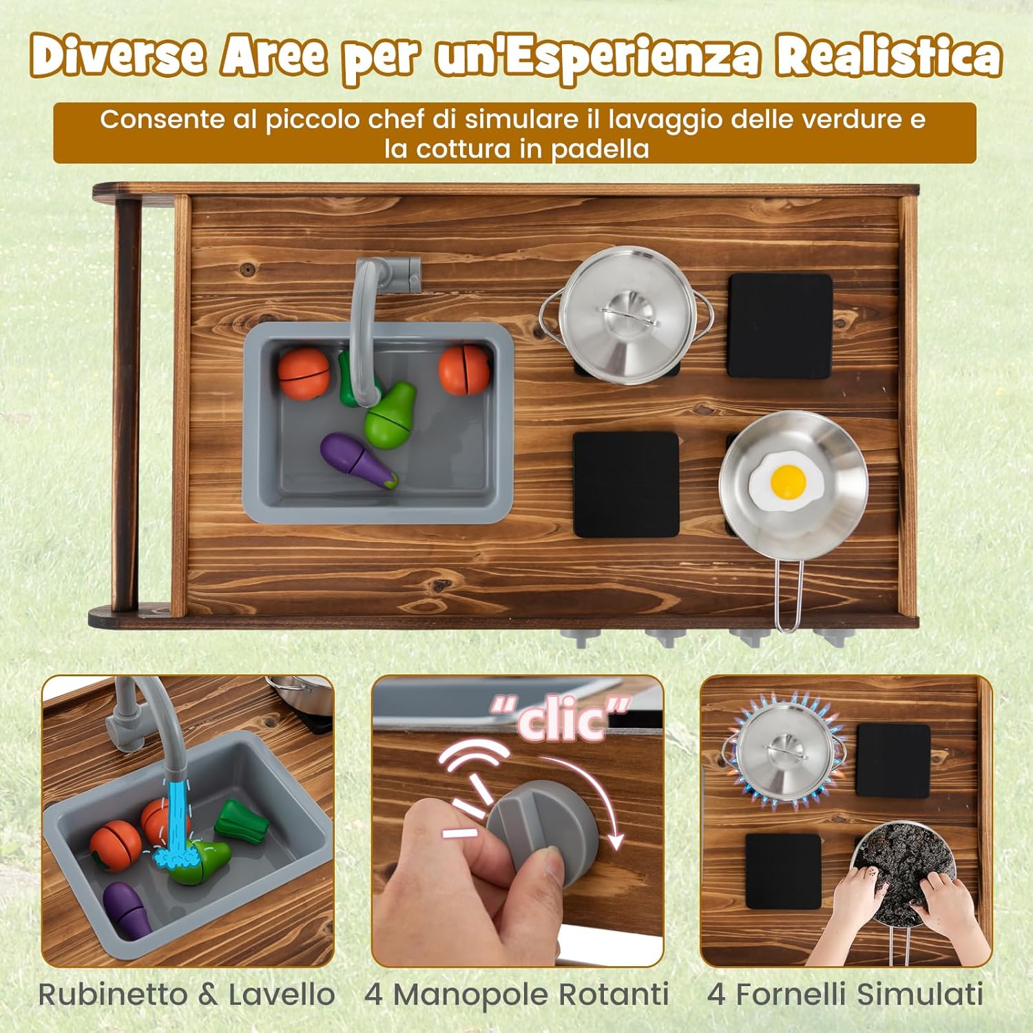 Cucina da Giardino Mobile, Cucina Giocattolo in Abete cinese per Bambini con Ruote Girevoli e Maniglia, Rubinetto e Lavandino Rimovibile, Fornelli e Manopole, Ideale per Bambini 3+ Anni