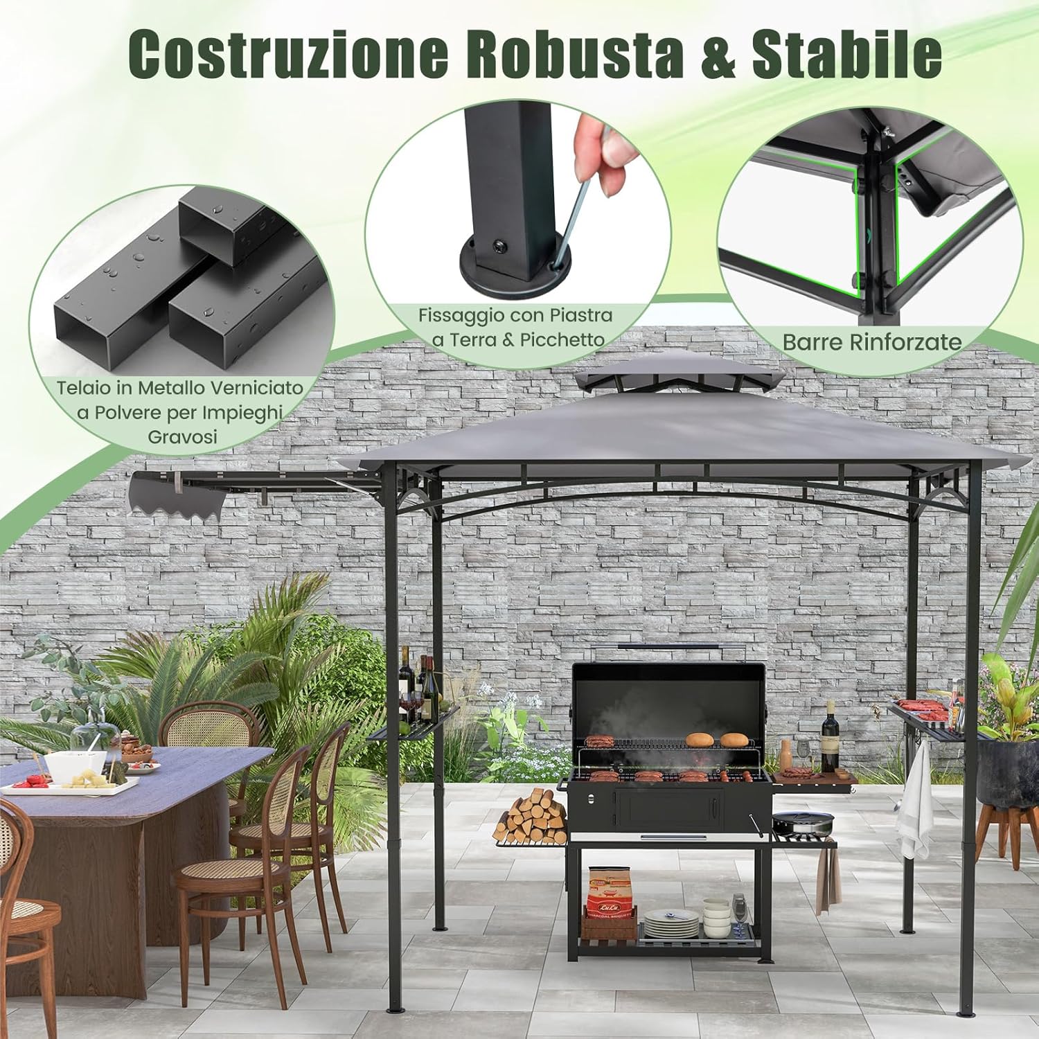 Gazebo per Barbecue, Pergola per BBQ con Tendalino Laterale, Tetto a 2 Livelli, 2 Ripiani Laterali, Ganci Appesi, Apribottiglie, per Giardino e Cortile, 318 x 153 x 250 cm (Grigio)