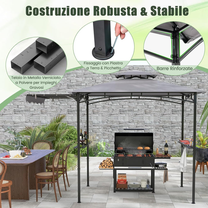 Gazebo per Barbecue, Pergola per BBQ con Tendalino Laterale, Tetto a 2 Livelli, 2 Ripiani Laterali, Ganci Appesi, Apribottiglie, per Giardino e Cortile, 318 x 153 x 250 cm (Grigio)