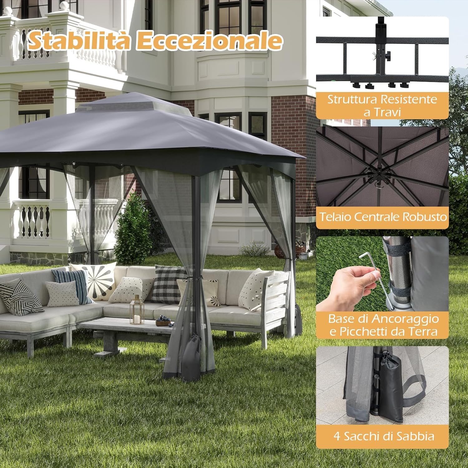 Gazebo da Giardino 3 x 3 m, Gazebo Impermeabile con Rete Mesh Staccabile e Terro Ventilato a Doppio Strato, Tenda Regolabile in Altezza per Feste, BBQ e Picnic (Grigio)