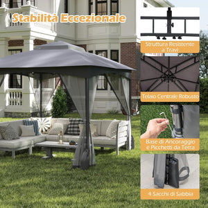 Gazebo da Giardino 3 x 3 m, Gazebo Impermeabile con Rete Mesh Staccabile e Terro Ventilato a Doppio Strato, Tenda Regolabile in Altezza per Feste, BBQ e Picnic (Grigio)