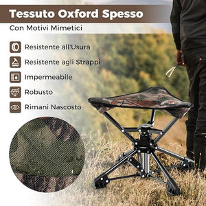 Sgabello da Campeggio Pieghevole, Sedia da Caccia Girevole a 360° con Piedi Anti-Affondamento, Borsa da Trasporto Compatta e Leggera, Piccolo Sgabello da Esterno Portara 150 kg (Mimetico)