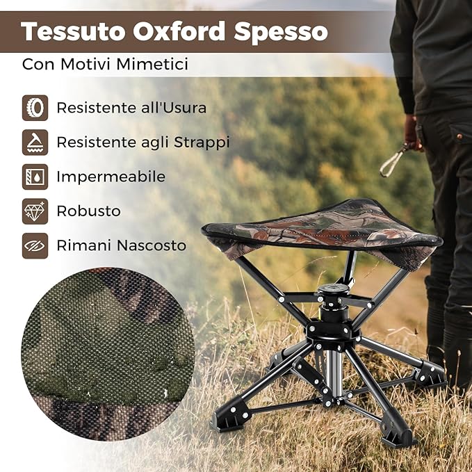 Sgabello da Campeggio Pieghevole, Sedia da Caccia Girevole a 360° con Piedi Anti-Affondamento, Borsa da Trasporto Compatta e Leggera, Piccolo Sgabello da Esterno Portara 150 kg (Mimetico)