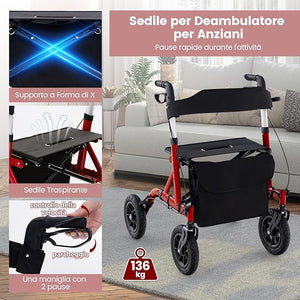 Deambulatore con Seduta 2 in 1, Rollator Pieghevole per Anziani con 4 Ruote, Maniglie Regolabili in Altezza 81-94cm, Portaombrelloni e Borsa Portaoggetti, Carico Massimo 160 kg (Rosso)
