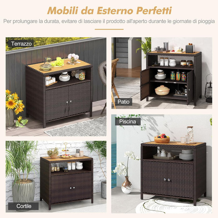 Armadietto Portaoggetti in Rattan, Mobile Buffet per Esterni in Legno di Acacia, Con Compartimento Aperto e Armadio Chiuso a 2 Ante, per Piscina, Terrazza e Patio, 90 x 53 x 66 cm (Marrone)