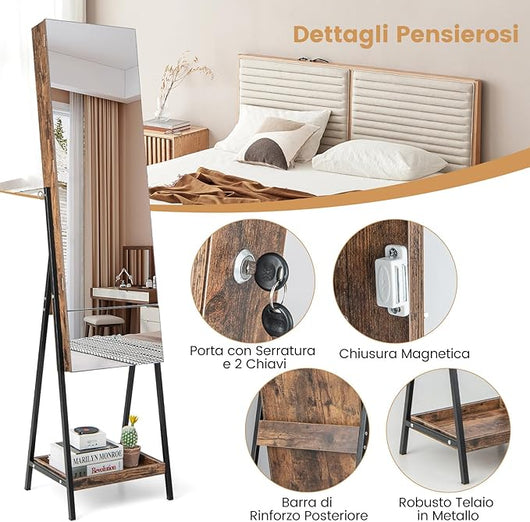 Armadietto Portagioie da Terra, Specchio Portagioie con Specchio Senza Cornice, Luci LED a 3 Colori, con Cassetto e Ripiano, 41 x 35 x 166 cm (Marrone Rustico)