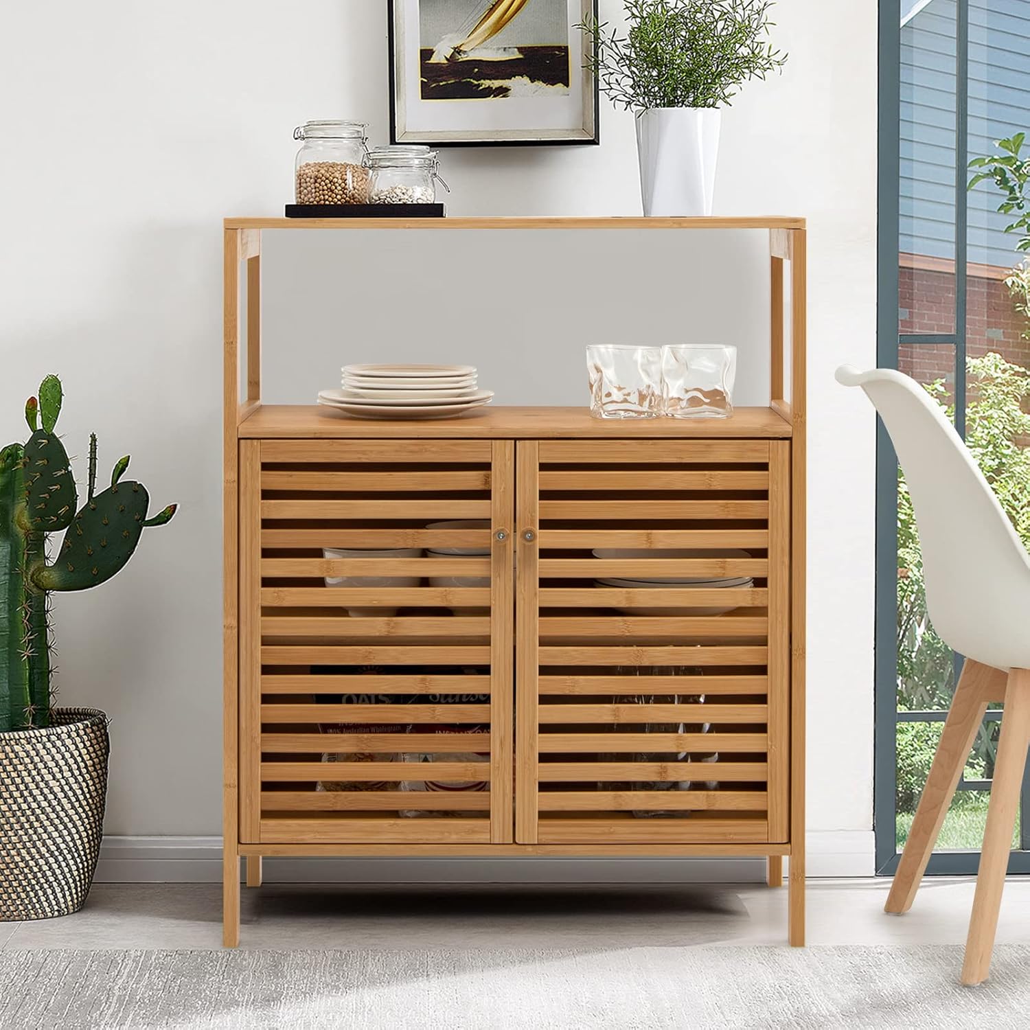 Mobile da Bagno in Bambù, Armadietto da Bagno con Ripiano Aperto e Doppie Porte, Ripiano Rimovibile, per Bagno, Soggiorno, Cucina, Ingresso, 64 x 27,5 x 80 cm