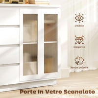 Credenza Buffet 120x40x91 cm con 4 Cassetti e Armadietto con Ante in Vetro in Legno Bianco
