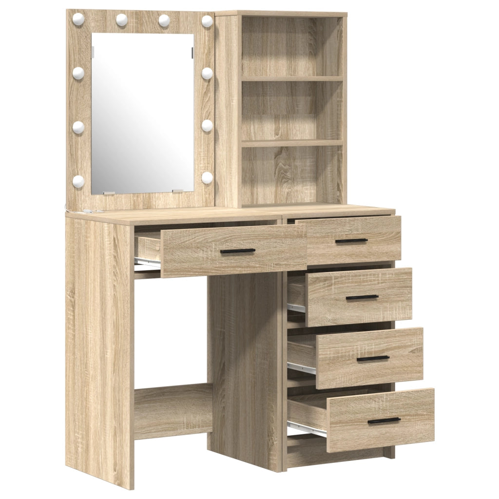 Set di 2 pezzi per toeletta con LED in legno ingegnerizzato di rovere Sonoma
