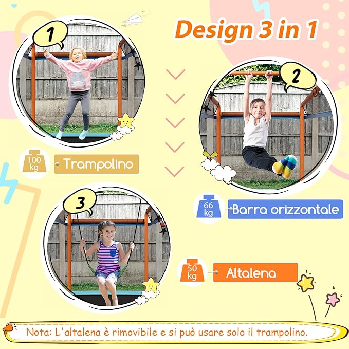 Trampolino Rettangolare per Bambini 3-in-1 190 x 124 cm, Tappetto Elastico per Bambini da Esterno ed Interno con Rete, Altalena, Barra, Copertura e Design senza Fessure