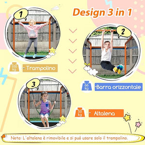 Trampolino Rettangolare per Bambini 3-in-1 190 x 124 cm, Tappetto Elastico per Bambini da Esterno ed Interno con Rete, Altalena, Barra, Copertura e Design senza Fessure