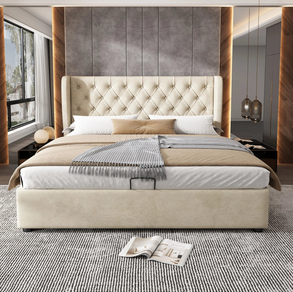 Letto imbottito Chesterfield in velluto beige con contenitore e rete a doghe 180x200 cm