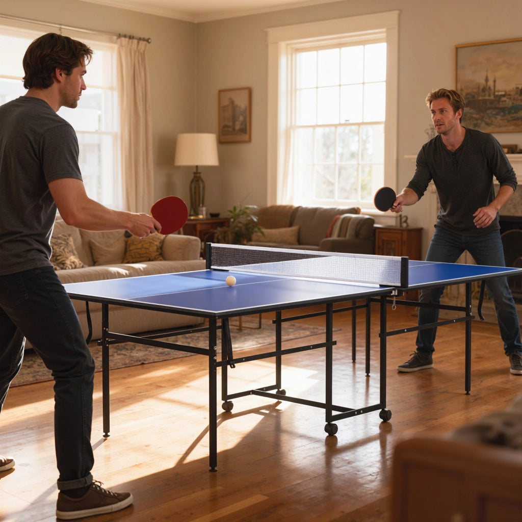 Tavolo da Ping Pong Pieghevole per Interni 274x152,5x75,5 cm con Ruote Girevoli Rete Racchette e Palline Blu