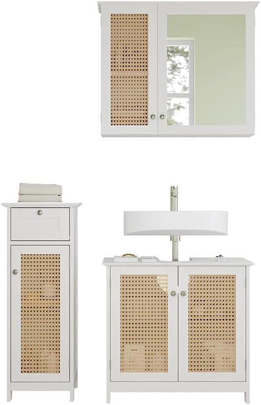 Set di mobili da bagno Rosario, Bianco, 60 cm, composto da mobile sottolavabo, specchiera e mobile medio