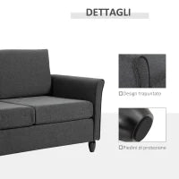 Divano a 2 Posti a Seduta Ampia con Cuscini Rimovibili da Salotto in Tessuto Effetto Lino e Gommapiuma, 141x70x78 cm, Grigio scuro e Nero