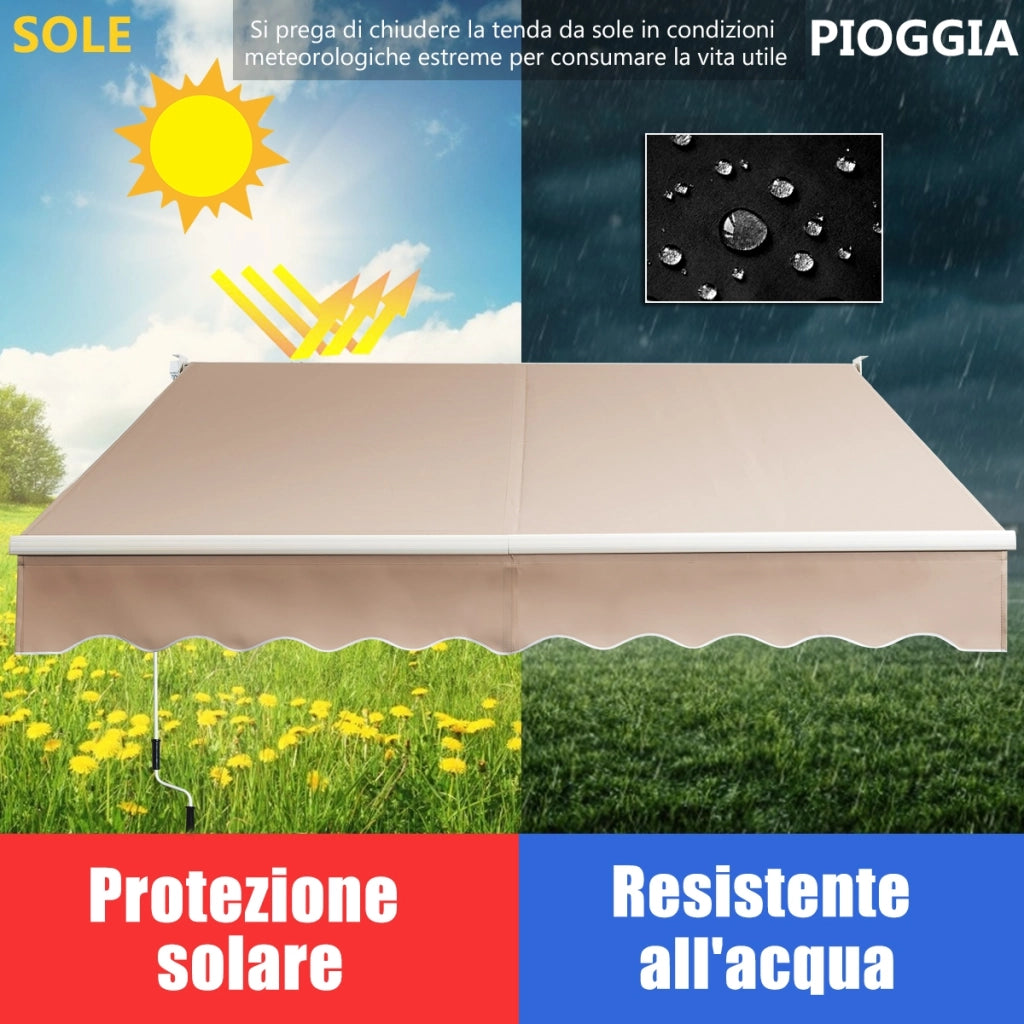 Tenda parasole in alluminio con manovella e poliestere impermeabile, Tenda da sole retrattile 295x250cm Beige-Tende parasole