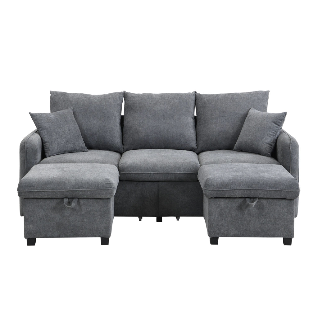 Divano angolare con 2 pouf contenitore; funzione letto; schiuma; grigio scuro