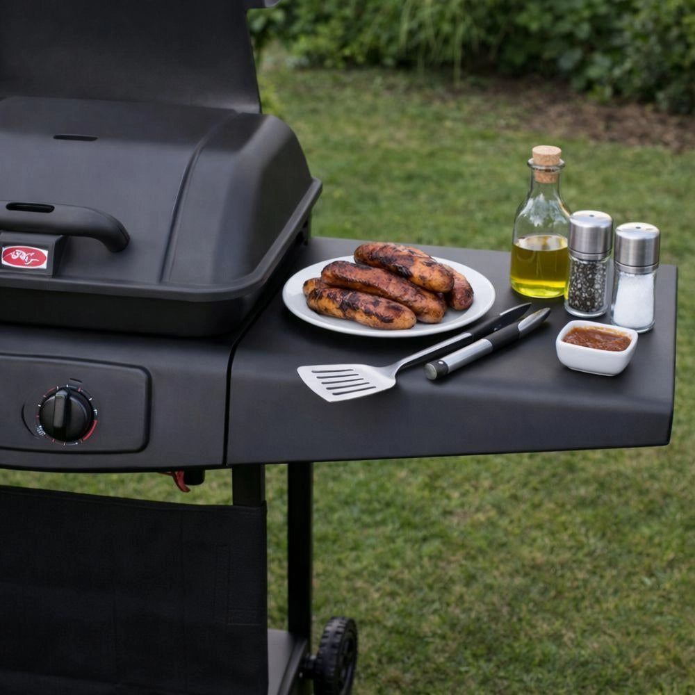 Barbecue a Gas 2 Fuochi Griglia BBQ con Piani Laterali e Ruote 5kw Giardino