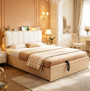 Letto 140x200 cm con contenitore idraulico; testiera con vani; USB e luce; legno colore naturale