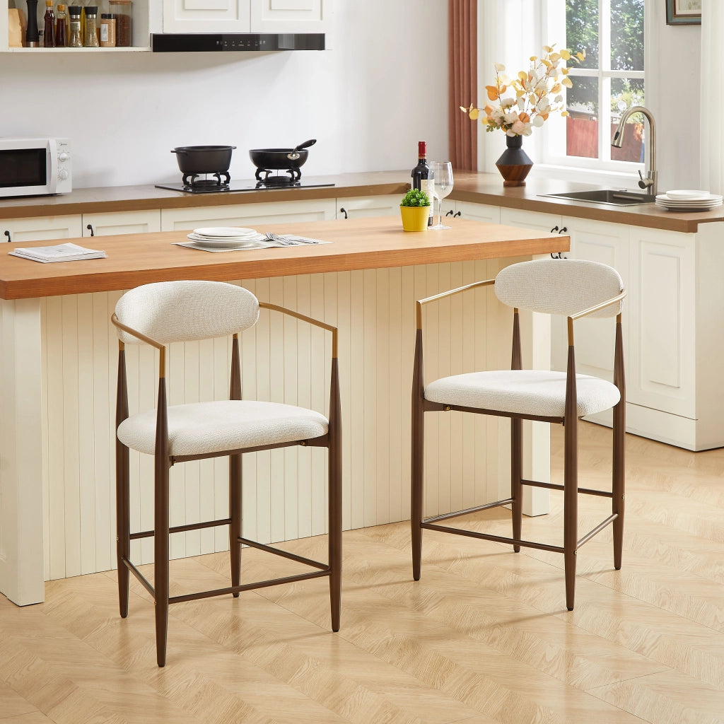 Set 2 Sgabelli da Bar con Braccioli Vintage ¨C Xylo ¨C Tessuto Crema, Struttura Marrone Scuro, Oro