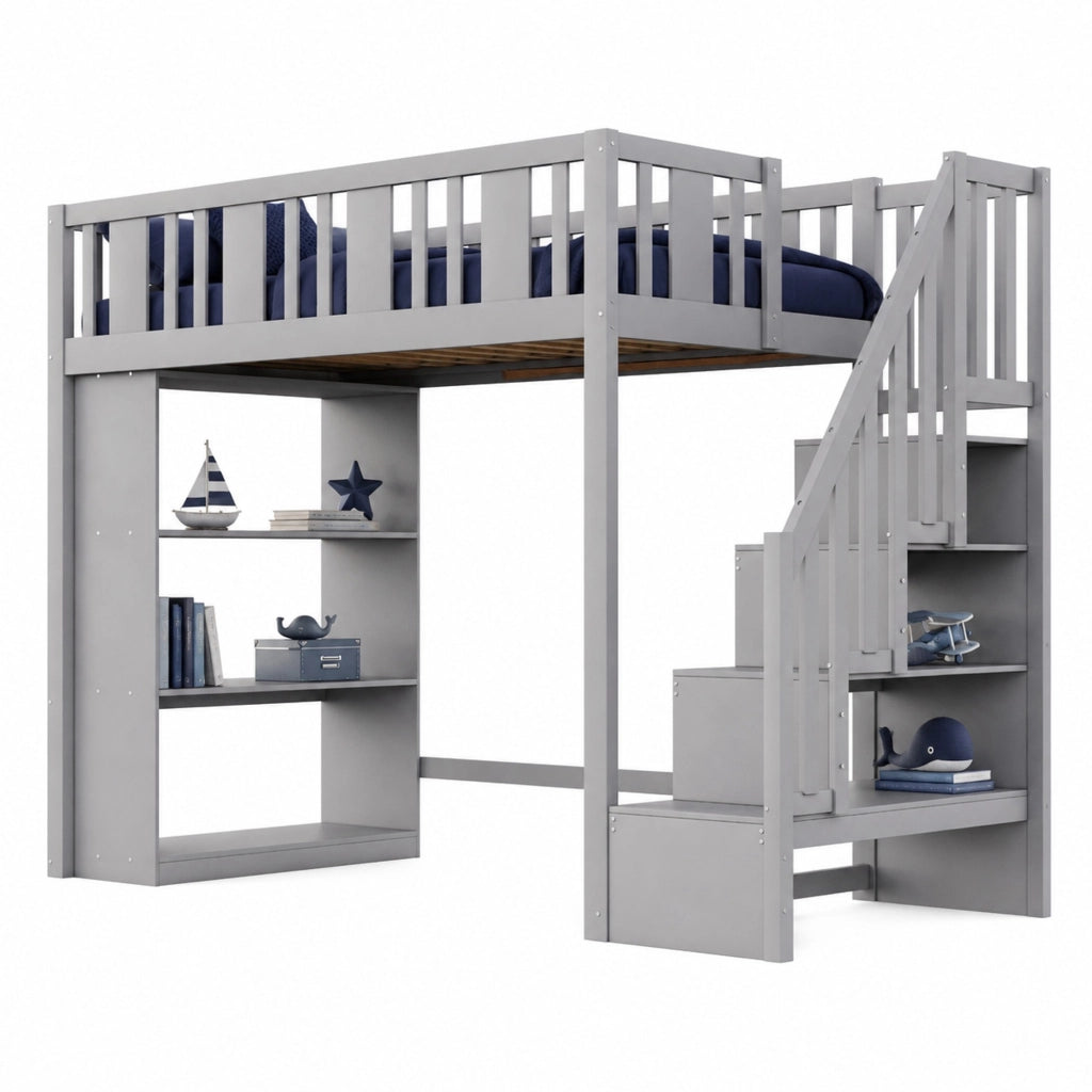 Letto a soppalco per bambini 90x200 cm con scala contenitore e 3 vani portaoggetti; legno grigio