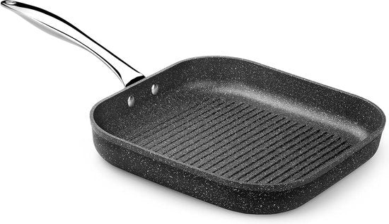 Piatto Griglia Quadrato con Solchi 28x28 Cm - Aluminio Fuso - Smalto Antiacidoso - Adatto per Induzione